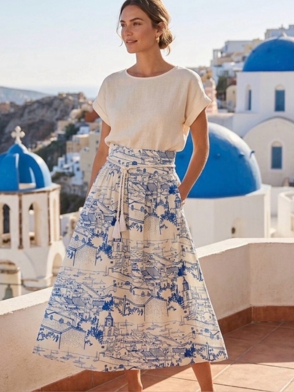 Calypso St Barth linen blend blue toile print maxi skirt & top set womens XS